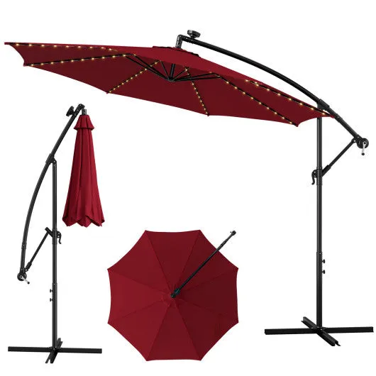 10 Feet Patio Offset Umbrella with 112 Solar-Powered LED Lights-Beige-Wine