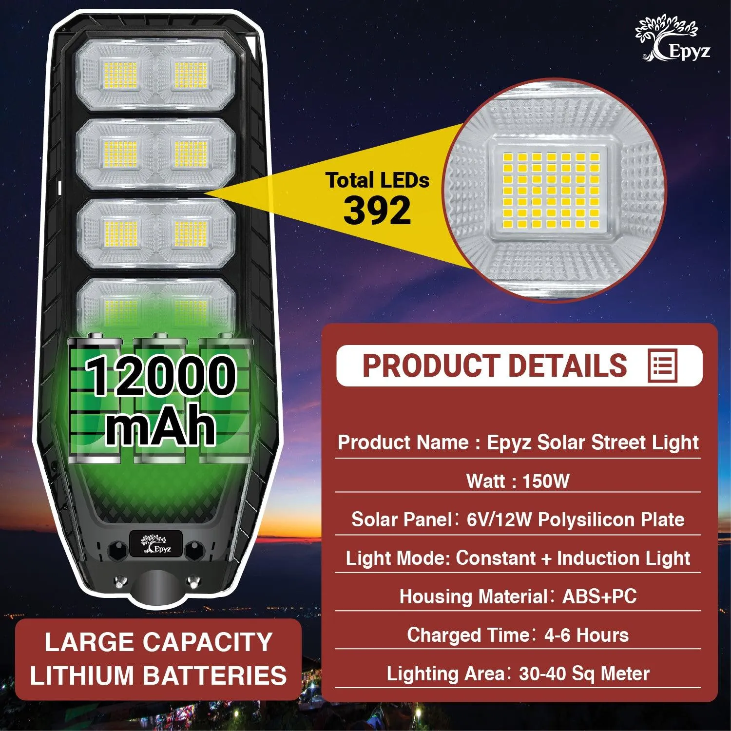 150 Watt Solar Street Light (Warm Light)