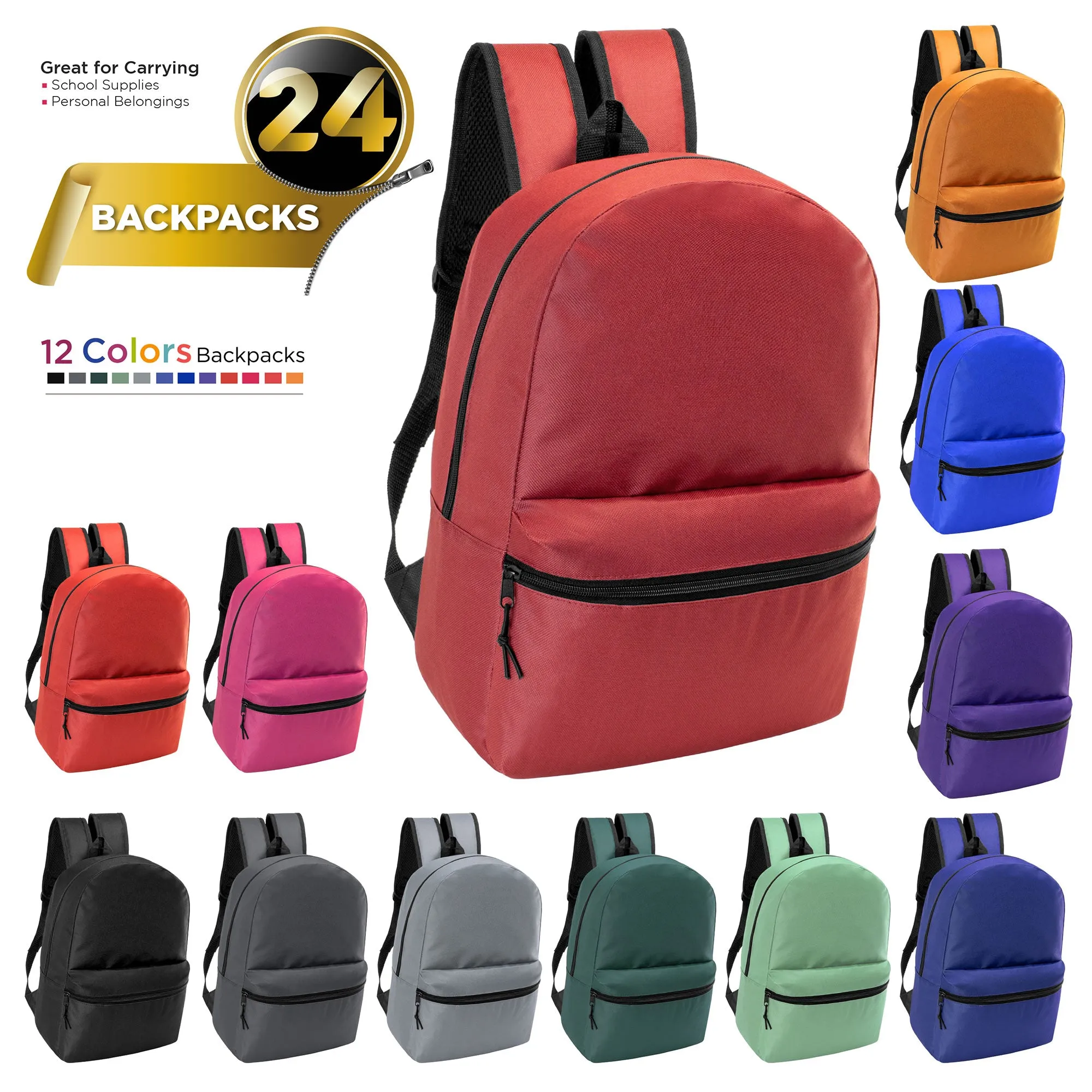 17" Kids Basic Wholesale Backpack in 12 Colors - Bulk Case of 24 Backpacks