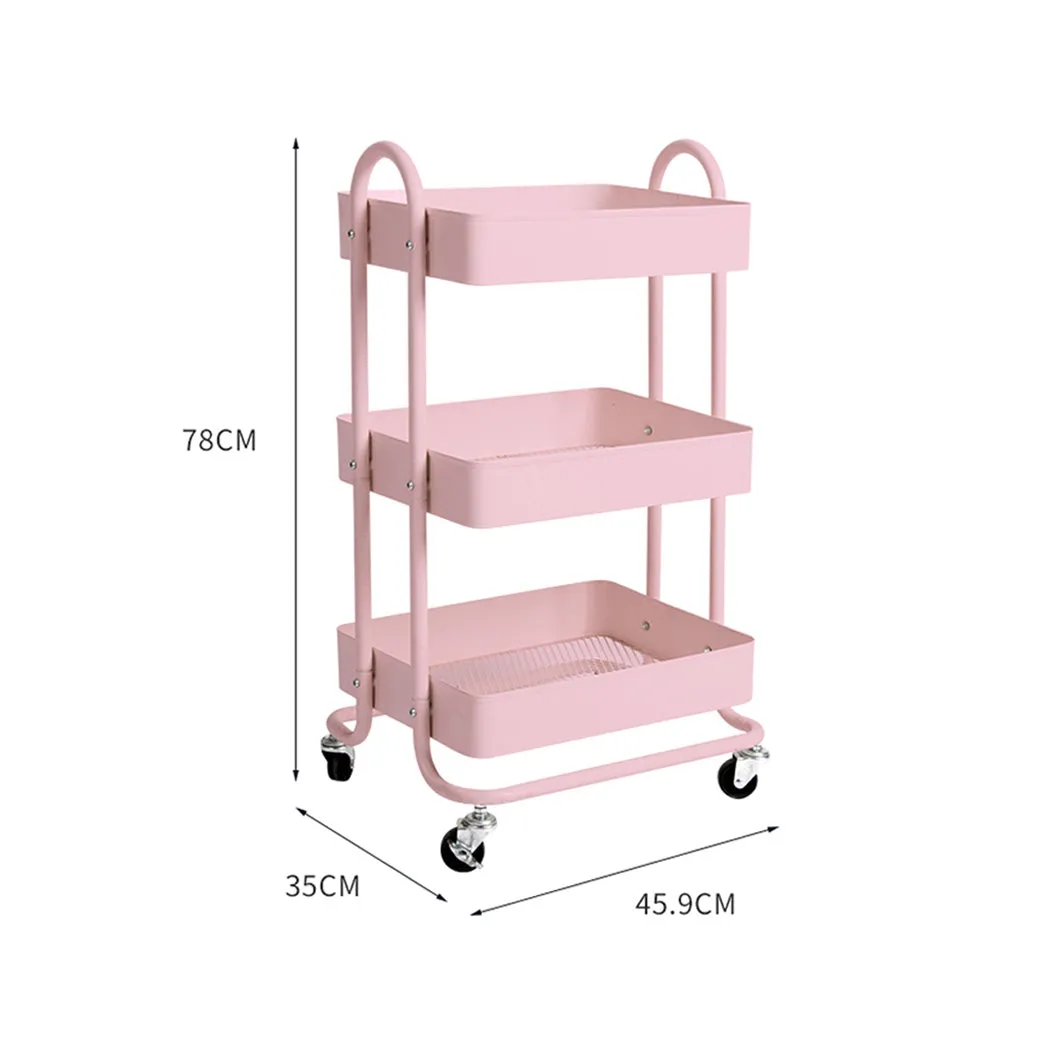 3 Tiers Kitchen Trolley Cart Steel Storage Rack Shelf Organiser Wheels Pink