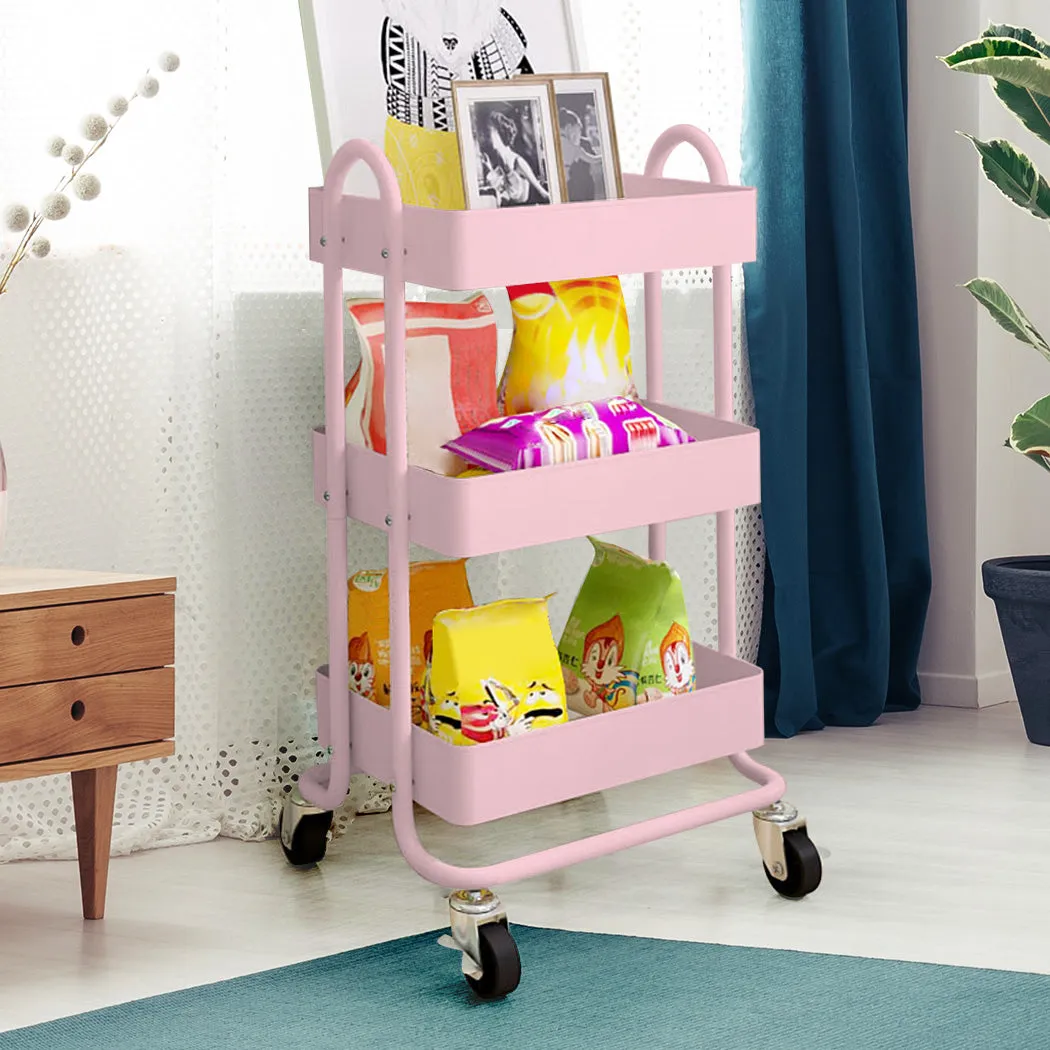 3 Tiers Kitchen Trolley Cart Steel Storage Rack Shelf Organiser Wheels Pink