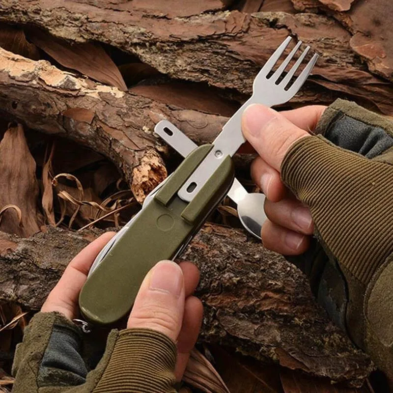 7-In-1 Camping Tableware Stainless Steel Foldable Fork Spoon Knife