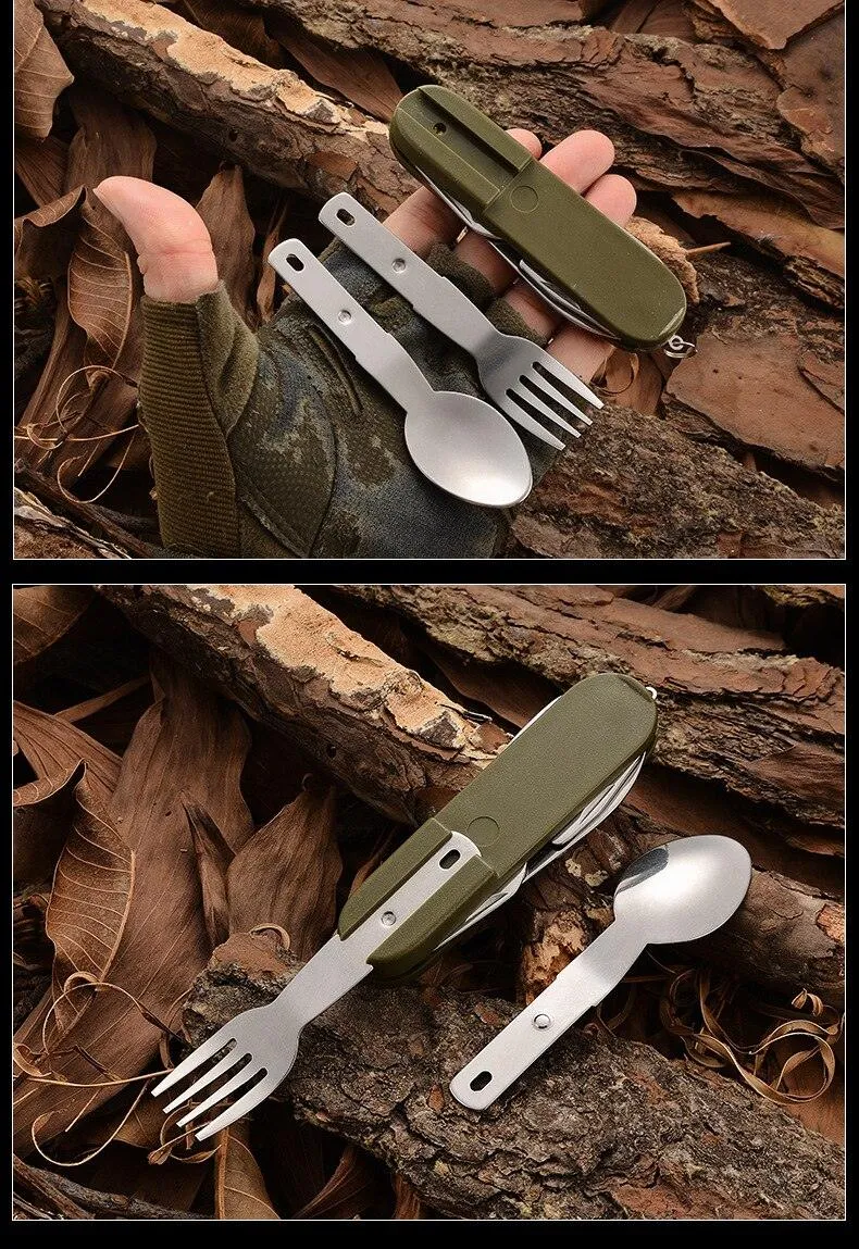 7-In-1 Camping Tableware Stainless Steel Foldable Fork Spoon Knife