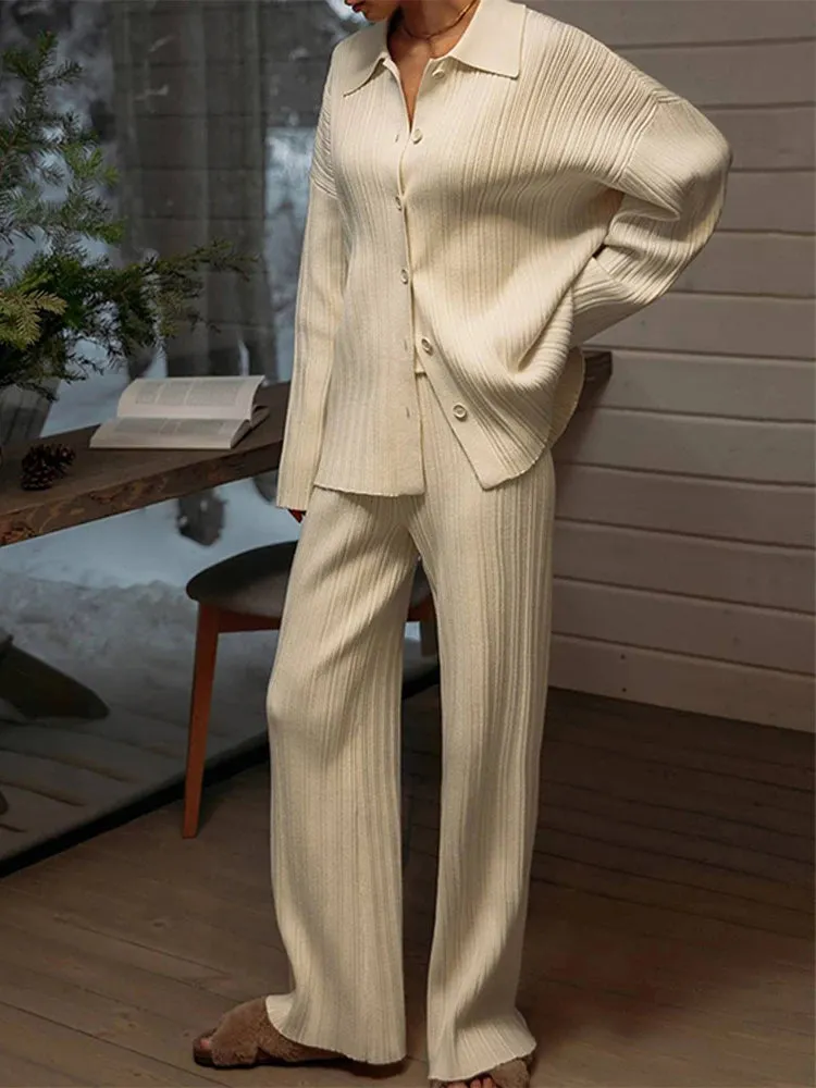 A&A Luxe Knitted Pleat Sweater Two Piece Pants Suit