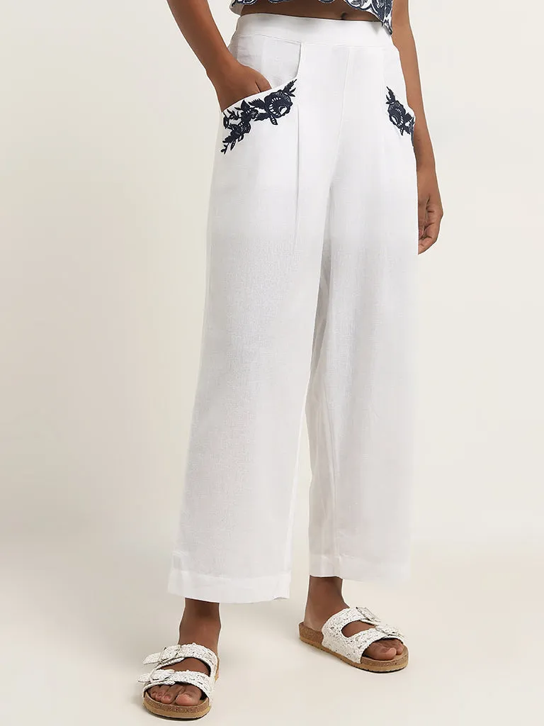 Bombay Paisley White Floral Cotton Blend High-Rise Pants