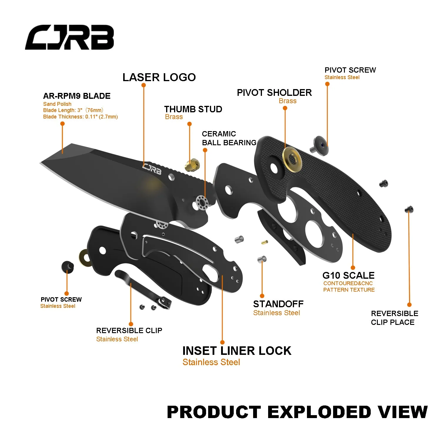 CJRB More Maileah J1918L Black PVD Coated AR-RPM9 Steel Blade Folding Knives