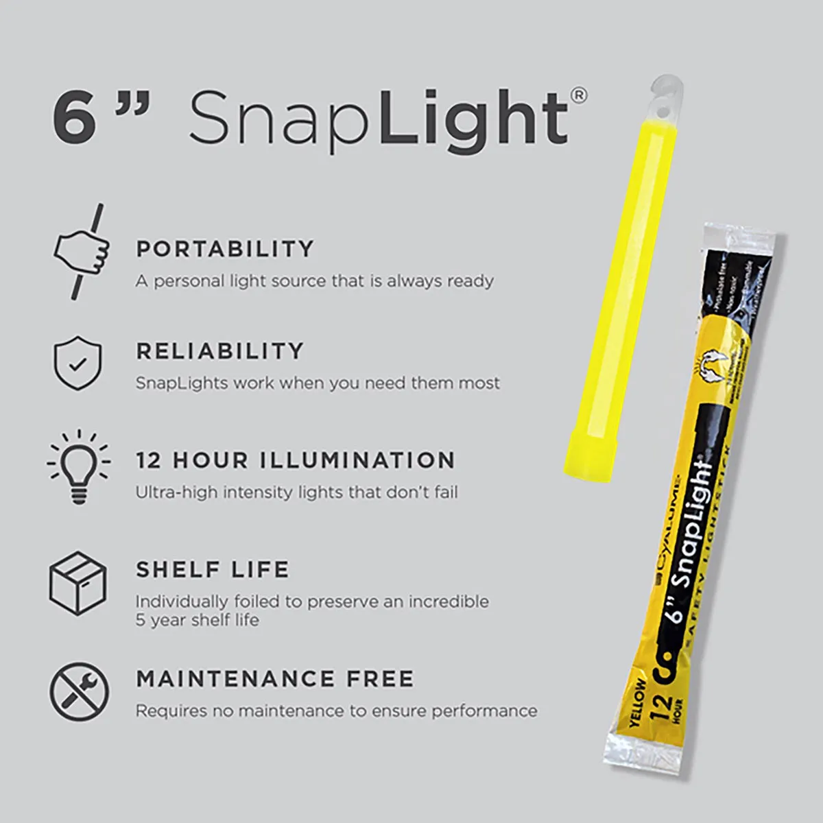 Cyalume SnapLight Lightstick 12 Hour 6”  Yellow