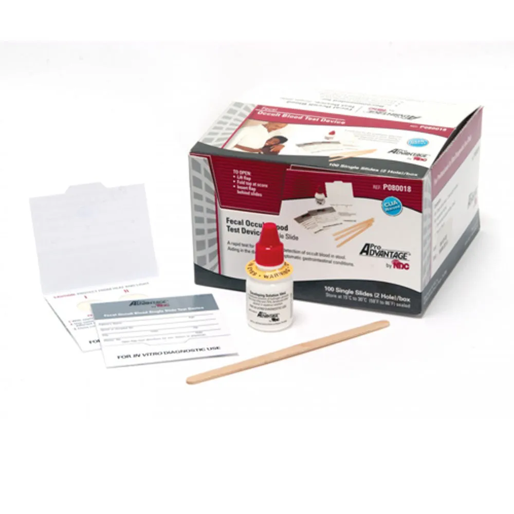 Fecal Occult Blood Stool Test Kit with 100 Single Slides Tests, 2 x 10mL Developers, Applicator, 100/bx