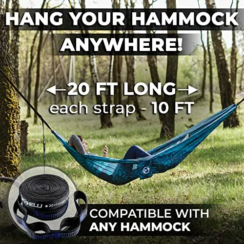 Foxelli Hammock Straps XL – Camping Hammock Tree Straps Set (2 Straps & Carrying Bag), 20 ft Long Combined, 40 2 Loops, 2000 LBS No-Stretch Heavy Duty Straps for Hammock Suspension System Kit