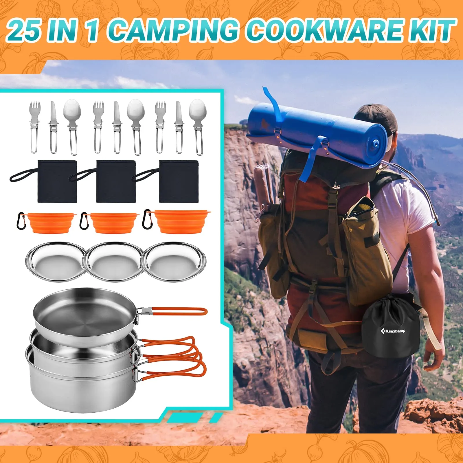 KingCamp ADVENTURER Stainless Steel 2-3 Person Cookware Mess Kit