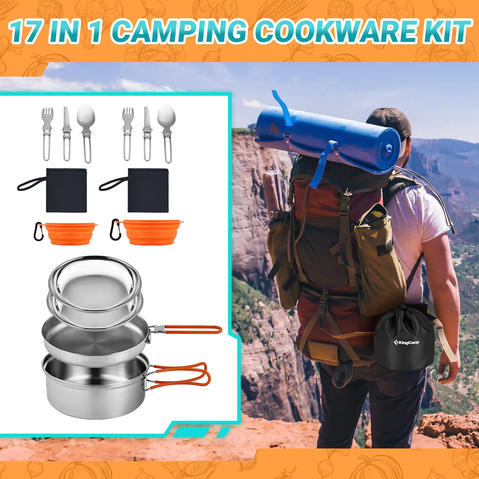 KingCamp ADVENTURER Stainless Steel 2-3 Person Cookware Mess Kit