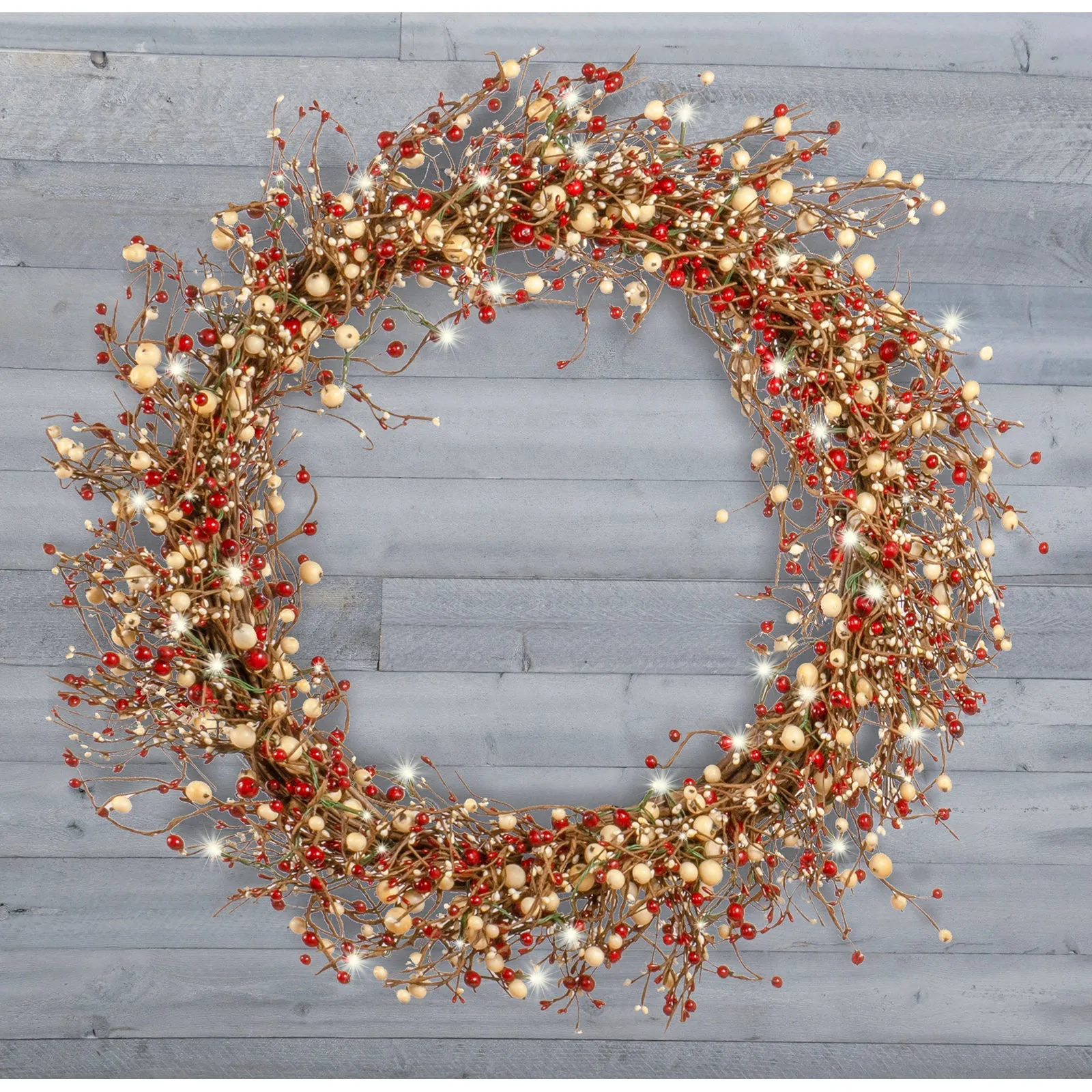 Light-Up Christmas Wreath with Red Pip Berries, Battery Operated LED Lights with Timer