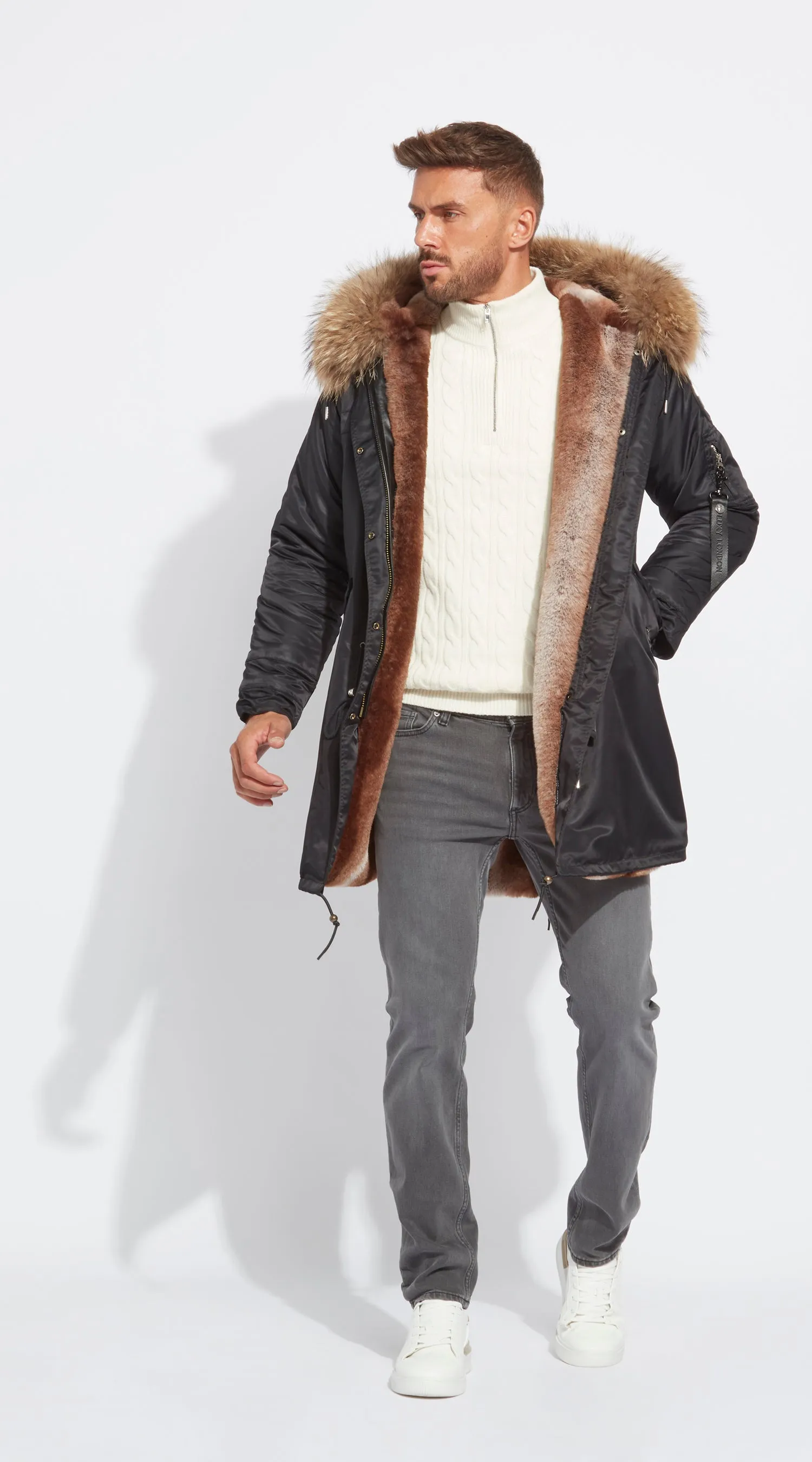 Mens Black Water-Repellent Luxy Fur Parka - 3/4 Natural