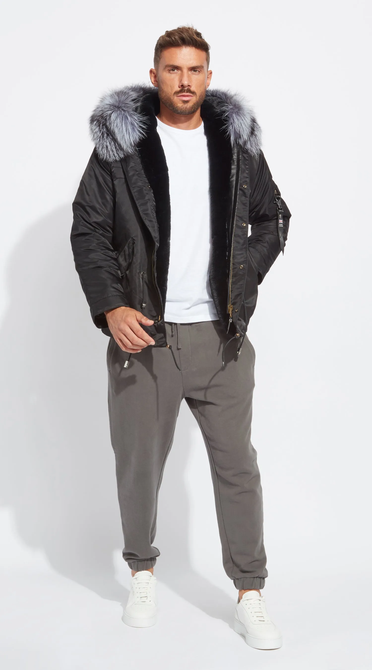 Mens Black Water-Repellent Luxy Fur Parka - Silver Fox