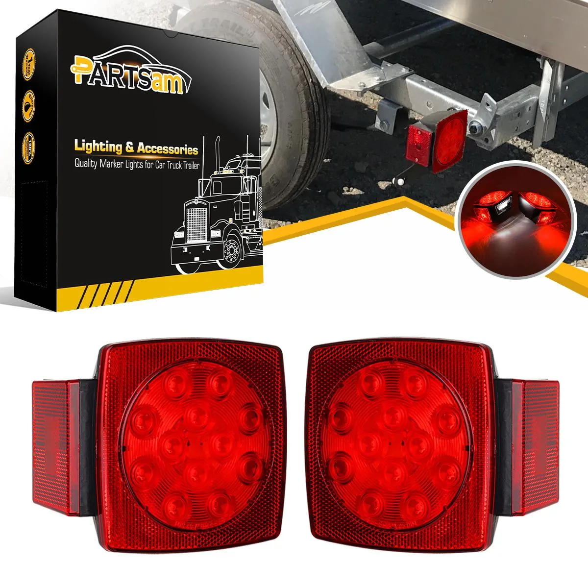 Partsam 12V Waterproof Square Led Trailer Light,Red LED Stop Turn Tail License Brake Running Light Lamp for Trailers Under 80inch Boat Trailer Truck Marine Camper RV Snowmobile,IP68,DOT Compliant