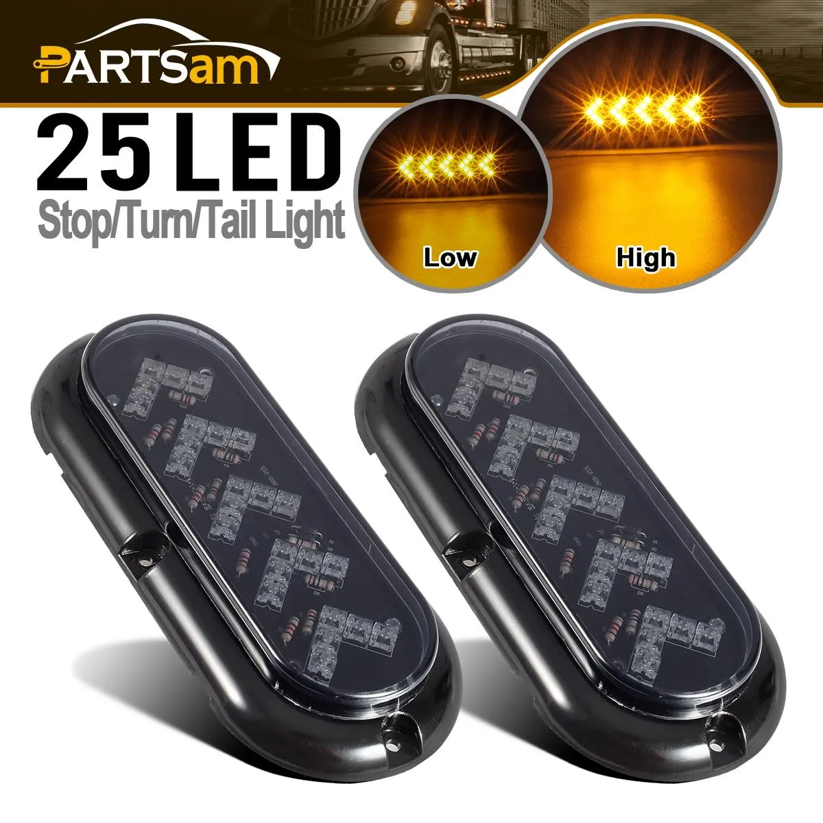 Partsam 2Pcs 6 inch Oval Arrow Turn Signal Lights Truck Trailer Amber 25LED Surface Mount Smoke Lens Waterproof Sealed Led Marker Clearance Lights Indicators Flange Mount 12V