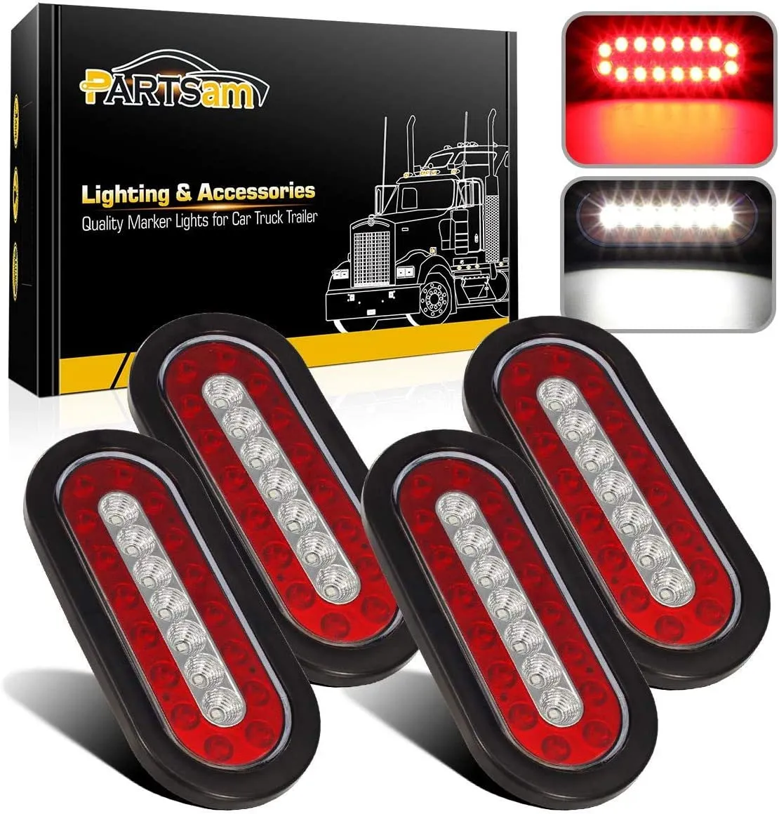 Partsam 4Pcs 6.3" Inch Oval Led Trailer Taillights Stop Brake Lights Running Red and White Backup and Reverse Lights, Sealed 6.3 inch Oval led Trailer Lights Kit Grommet Mount for RV Trucks