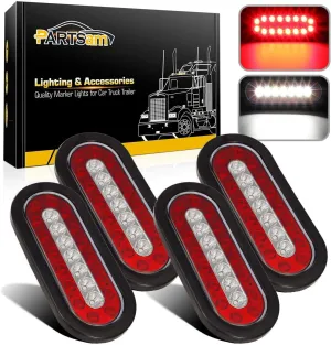 Partsam 4Pcs 6.3" Inch Oval Led Trailer Taillights Stop Brake Lights Running Red and White Backup and Reverse Lights, Sealed 6.3 inch Oval led Trailer Lights Kit Grommet Mount for RV Trucks