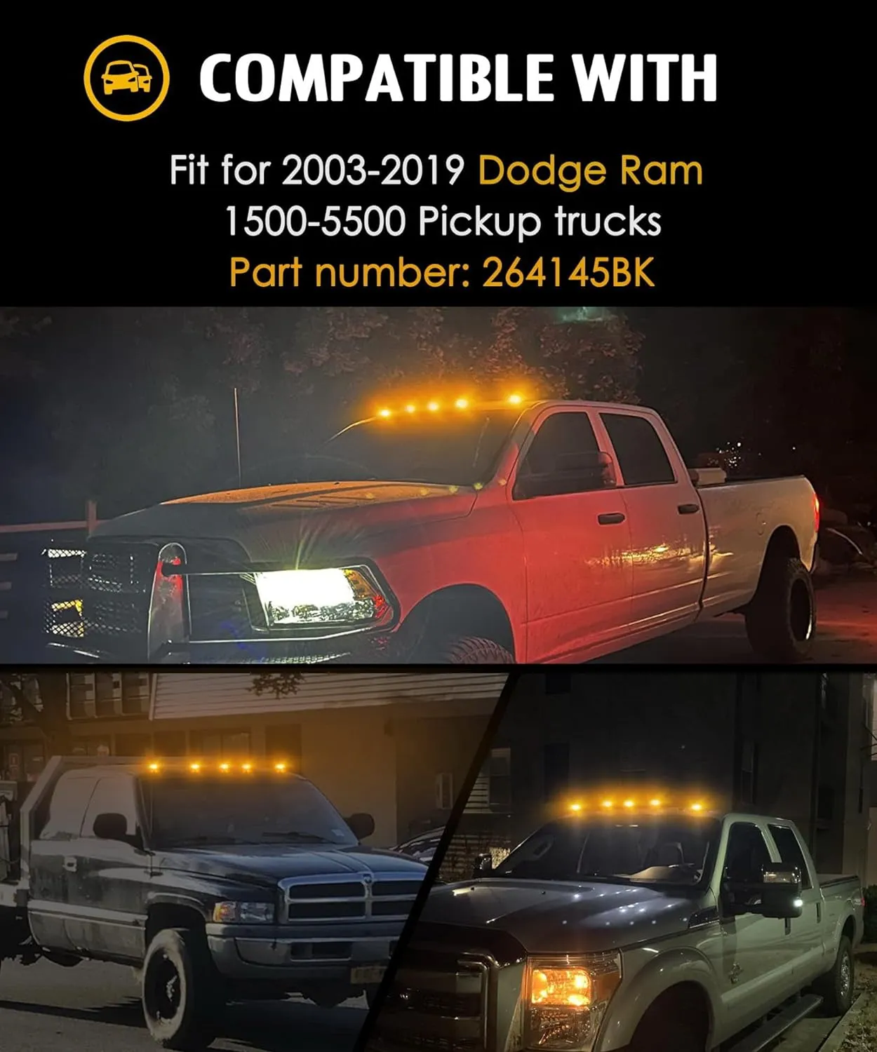 Partsam Cab Marker Light, Smoke Lens Eye Shape Amber 13 LED Cab Roof Running Lights Assembly [Universal Fit] Compatible with 2003-2018 Dodge Ram 2500 3500 Pickup Trucks