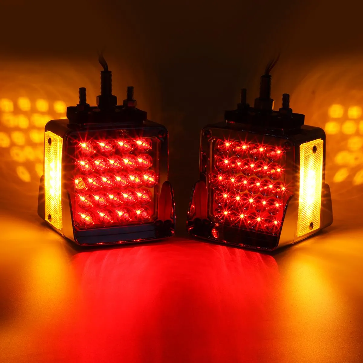 Partsam Double Face Square LED Fender Pedestal Lights Amber/Red 52 LED 3 Studs Mount Truck Trailer Stop Tail Turn Signal Lights Chrome Visor Waterproof w/ Side Reflex Clearance Lights Clear Lens