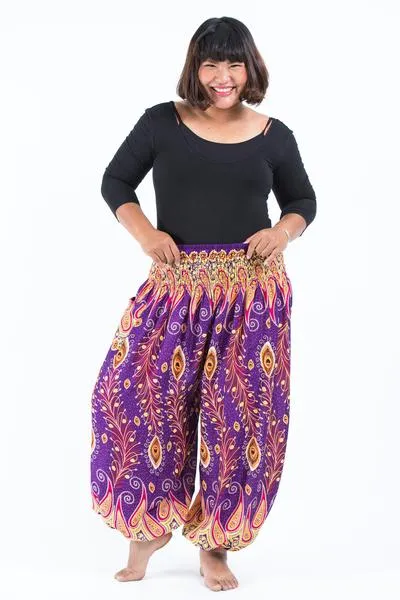 Plus Size Unisex Peacock Paisley Harem Pants in Purple