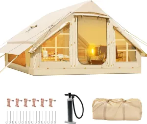 relaxed Inflatable Camping Tent with Pump, Glamping Tents for 4-6 Person, Easy Setup 4 Season Waterproof Windproof Outdoor Blow Up Tent, Luxury Cabin Tent with Mesh Windows & Doors