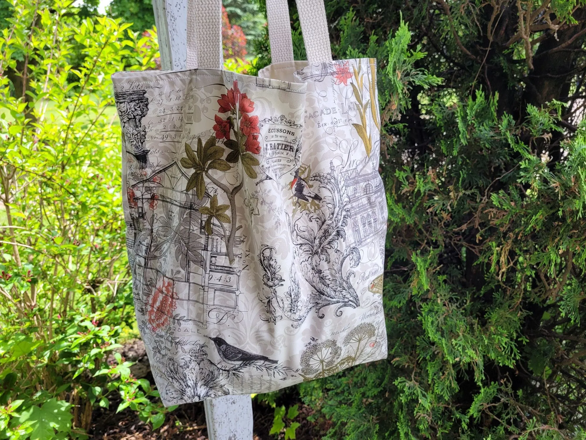 Reusable Compact Shopping Bag, Basic Tote Bag with botanicals, birds, words