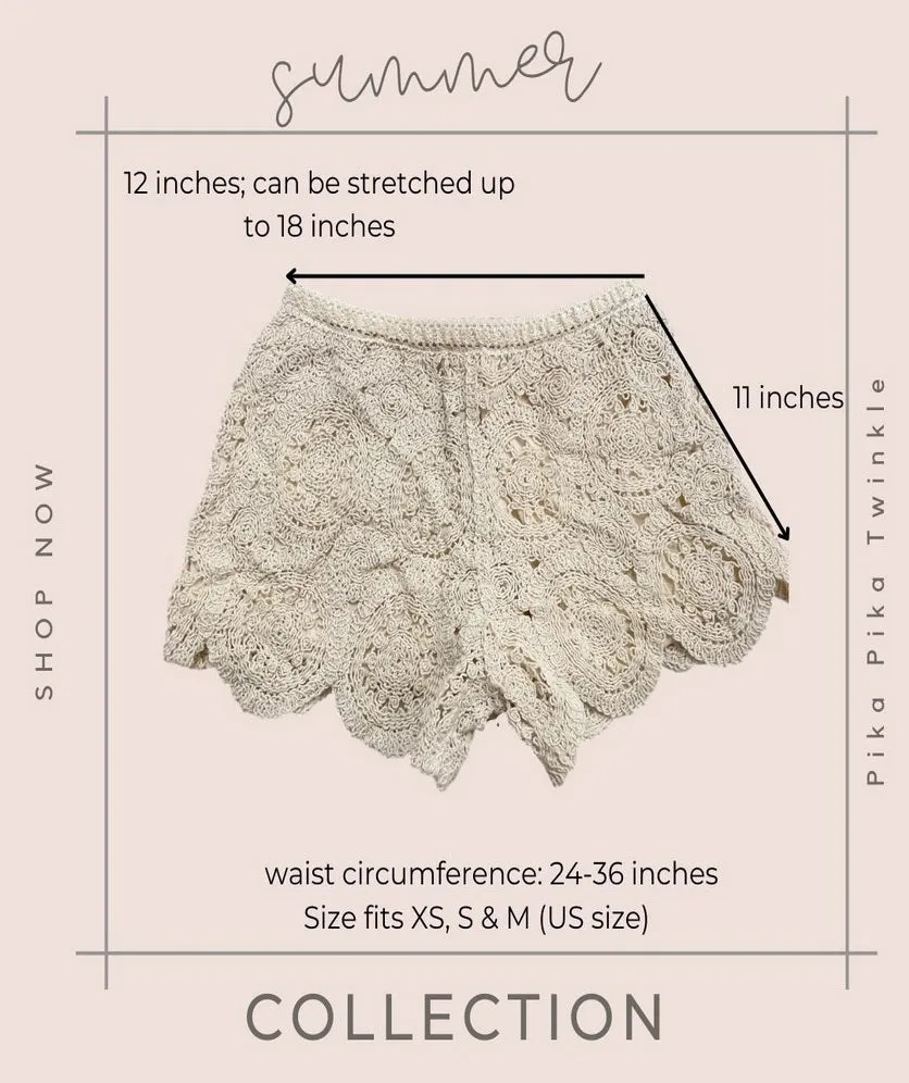 Women Summer Shorts Elastic Waist Lace Crochet Short Pants