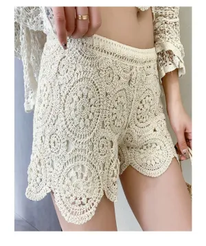 Women Summer Shorts Elastic Waist Lace Crochet Short Pants