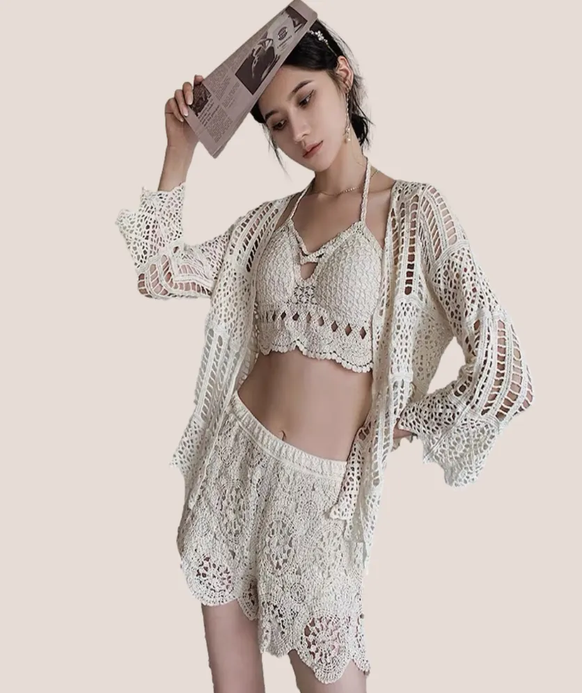 Women Summer Shorts Elastic Waist Lace Crochet Short Pants